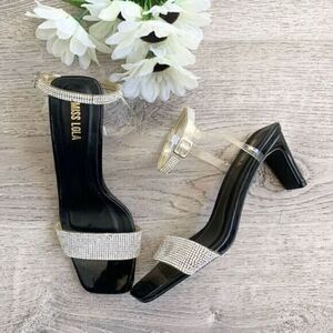 BLACK RHINESTONE CLEAR STRAP BLOCK HEEL SANDALS 7.5